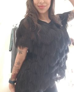 H&M Black Fringe Cap Sleeve Top! M
